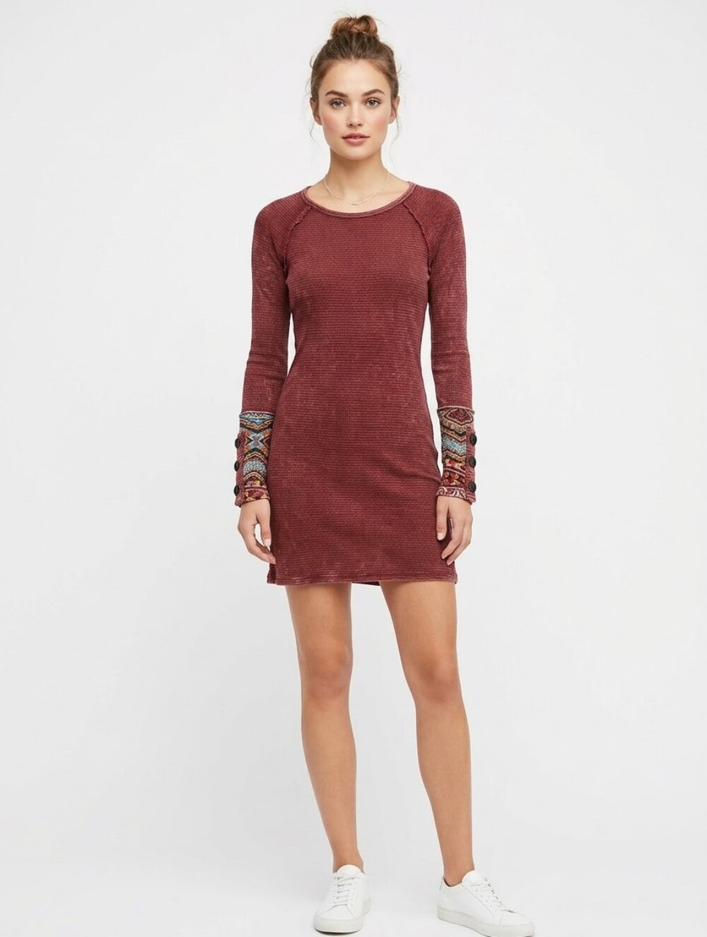 Acid Wash Waffle Knit Long Sleeve Tunic Dress Aztec Tapestry Button Cuffs